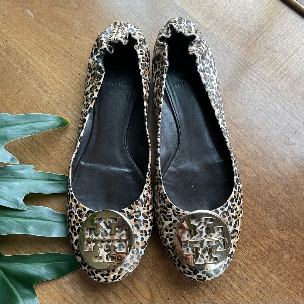 Tory Burch Animal Print Flats with Gold Emblem